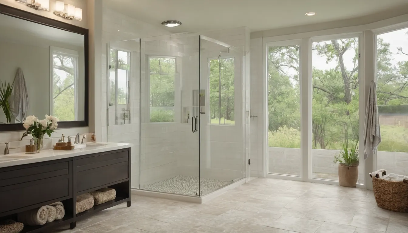 A bright, newly remodeled bathroom with a walk-in shower in a Raymore home